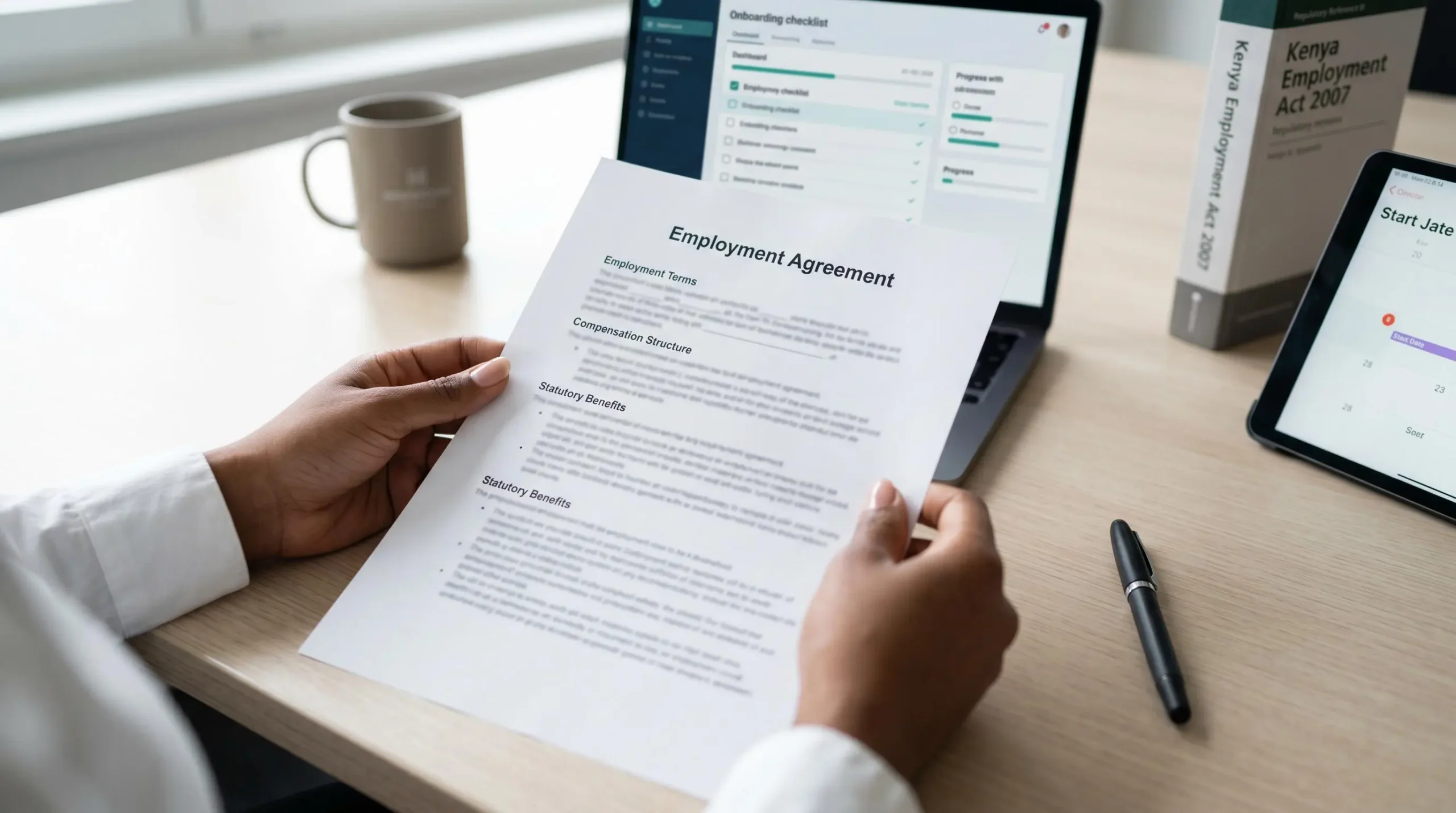 Employment contract document on desk with HR professional's hands reviewing terms, laptop displaying onboarding checklist in background