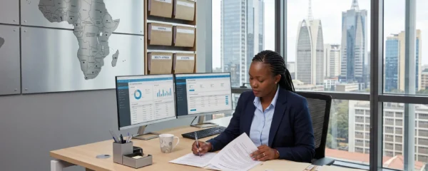 HR professional reviewing employment compliance documentation at modern desk with dual monitors displaying payroll dashboards, African business district visible through office windows