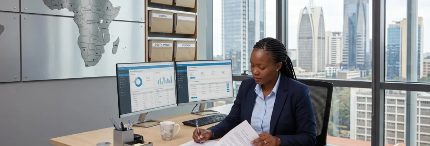 HR professional reviewing employment compliance documentation at modern desk with dual monitors displaying payroll dashboards, African business district visible through office windows