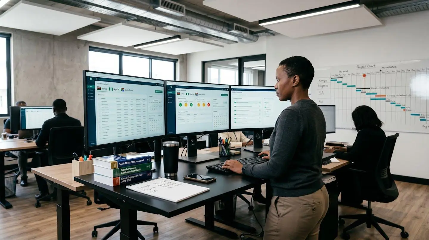 Payroll administrator at multi-monitor workstation displaying country-specific compliance dashboards for Kenya, Nigeria and South Africa payroll processing